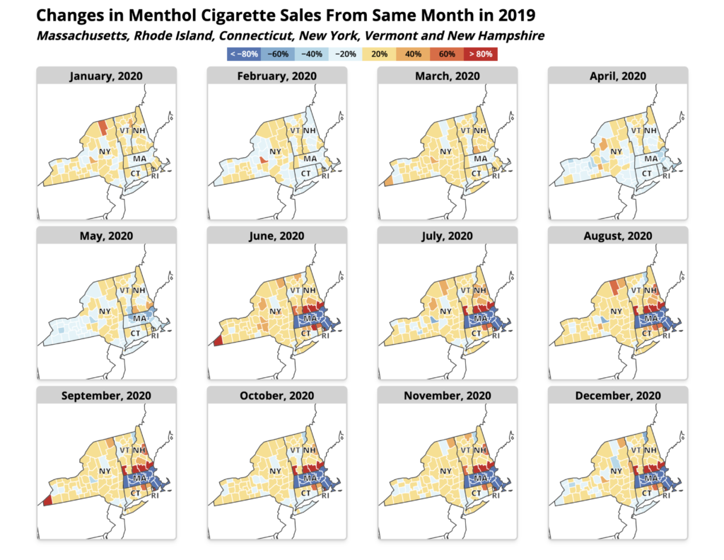 A graph charting changes in menthol sales in Massachusetts and neighboring states over the course of 2020